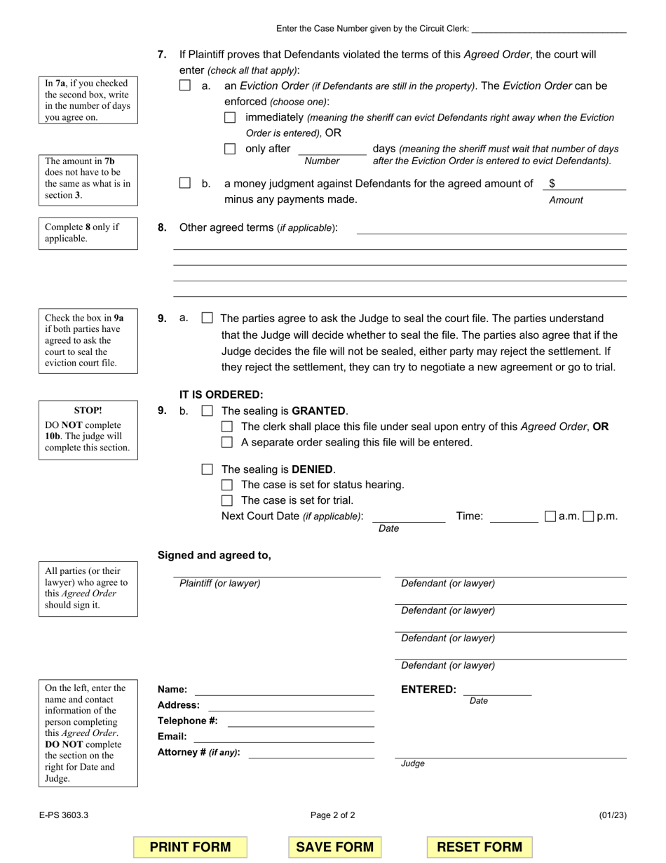 Form E-PS3603.3 Agreed Settlement Order With Status Date (Defendants Will Pay  Stay) - Illinois, Page 2
