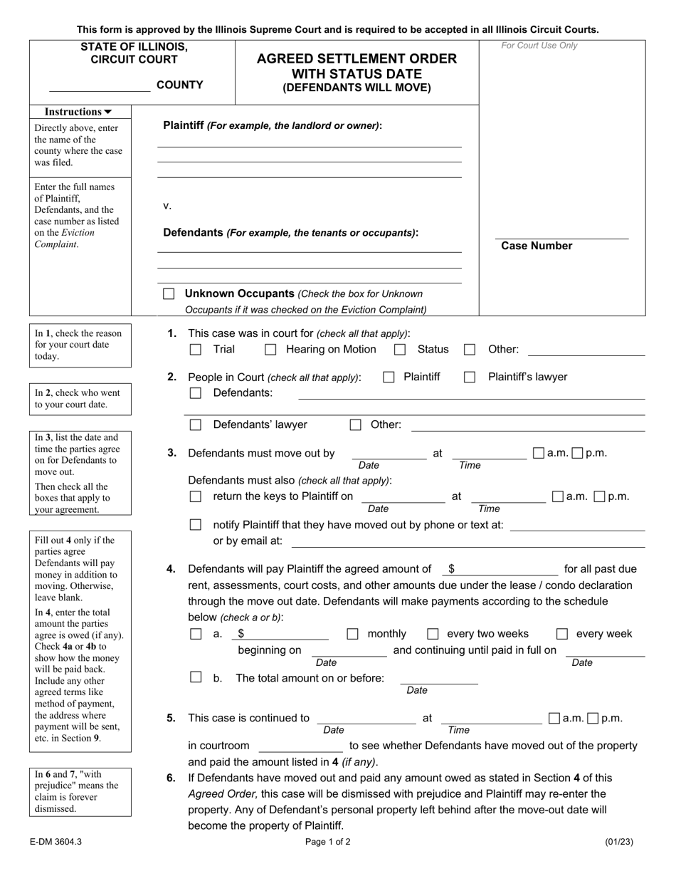 Form E-DM3604.3 Agreed Settlement Order With Status Date (Defendants Will Move) - Illinois, Page 1
