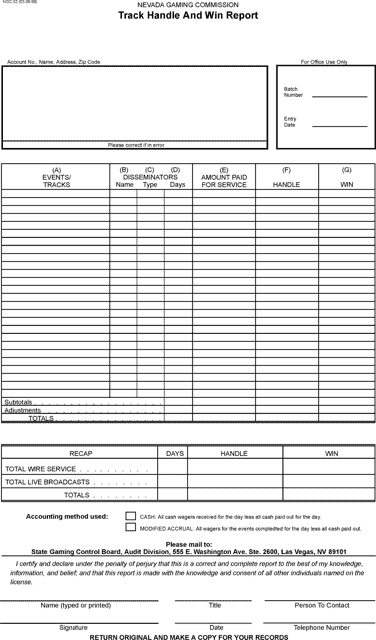 Form NGC-32 Track Handle and Win Report - Nevada