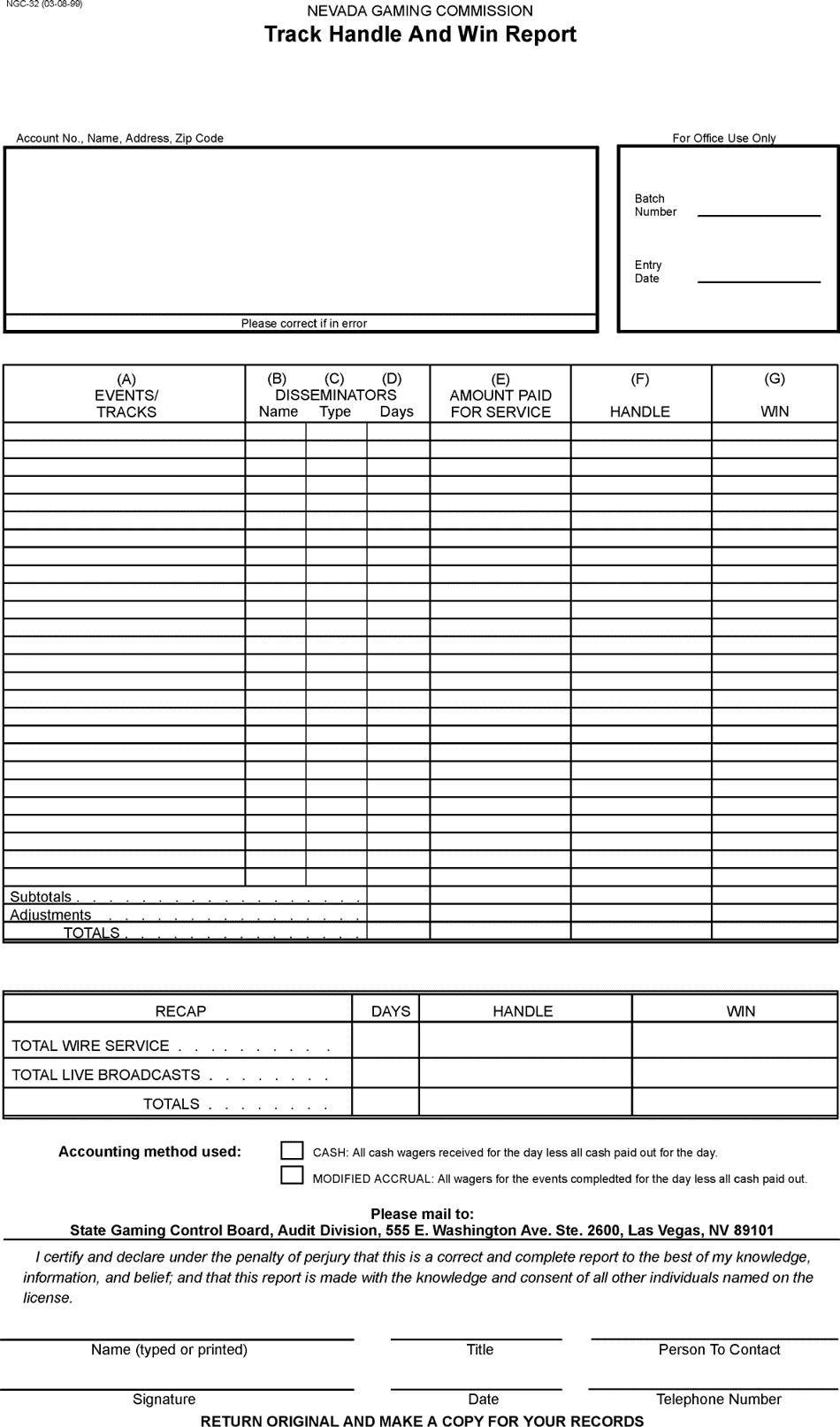 Form NGC-32 Track Handle and Win Report - Nevada, Page 1