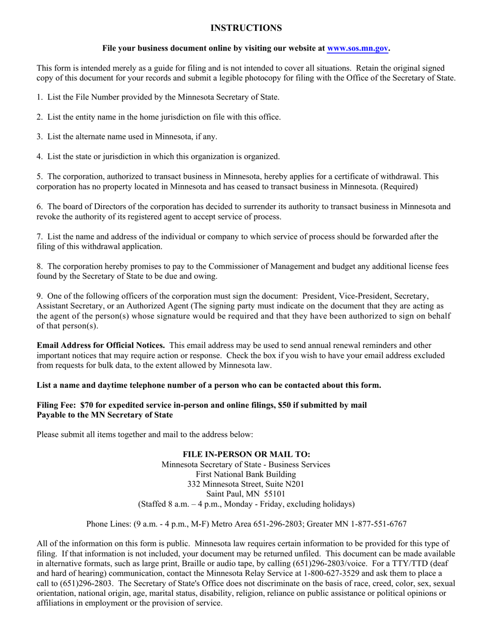Foreign Corporation or Cooperative Certificate of Withdrawal - Minnesota, Page 2