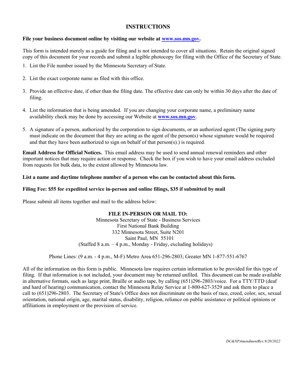 Minnesota Business  Nonprofit Corporations Amendment to Articles of Incorporation - Minnesota, Page 2