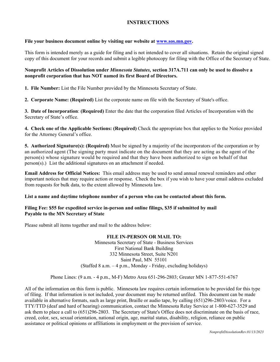 Minnesota Nonprofit Corporation Articles of Dissolution - Dissolution When the First Board of Directors Has Not Been Named - Minnesota, Page 2