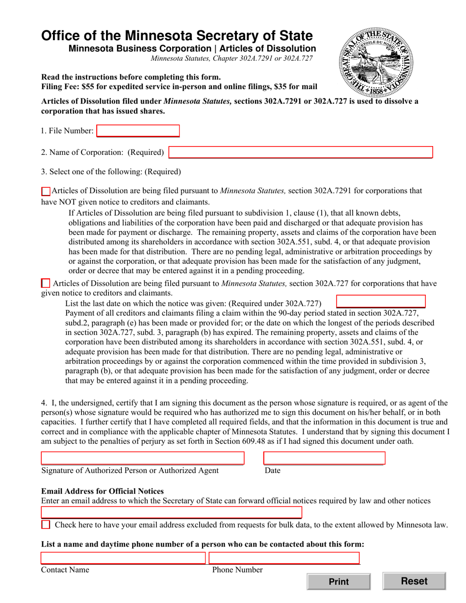 Minnesota Business Corporation Articles of Dissolution - Dissolution When Shares Have Been Issued - Minnesota, Page 1