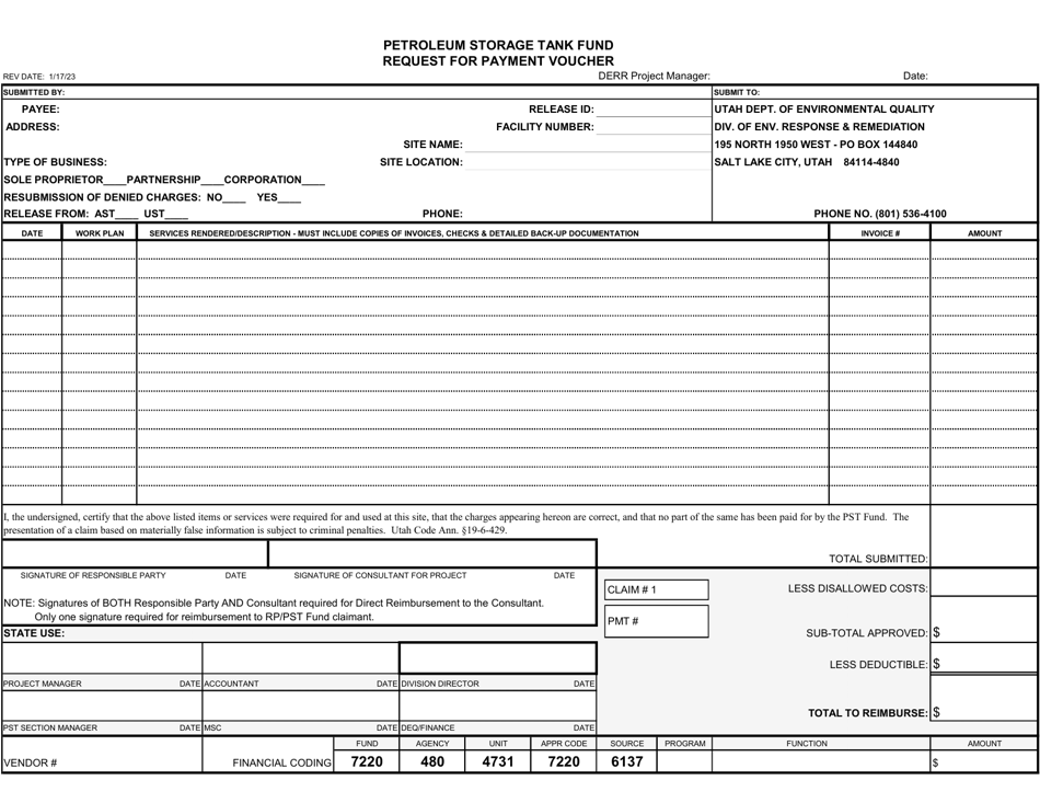 Petroleum Storage Tank Fund Request for Payment Voucher - Utah, Page 1
