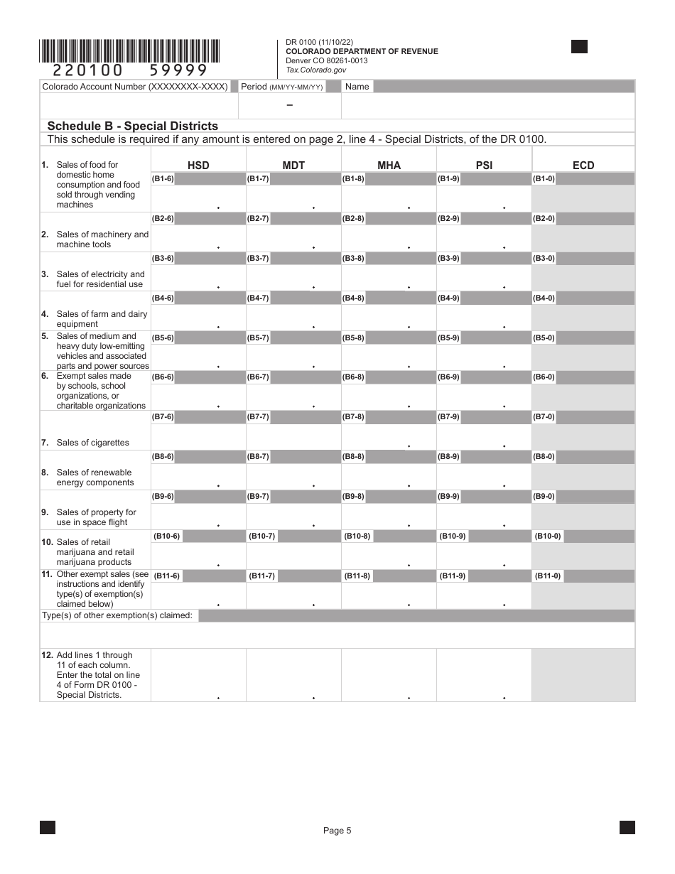 Form DR0100 Colorado Retail Sales Tax Return - Colorado, Page 10