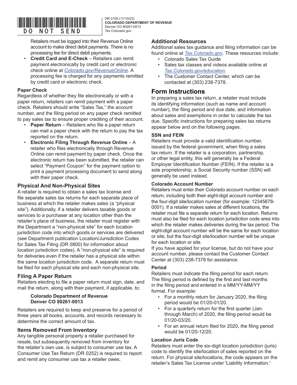 Form DR0100 Colorado Retail Sales Tax Return - Colorado, Page 2