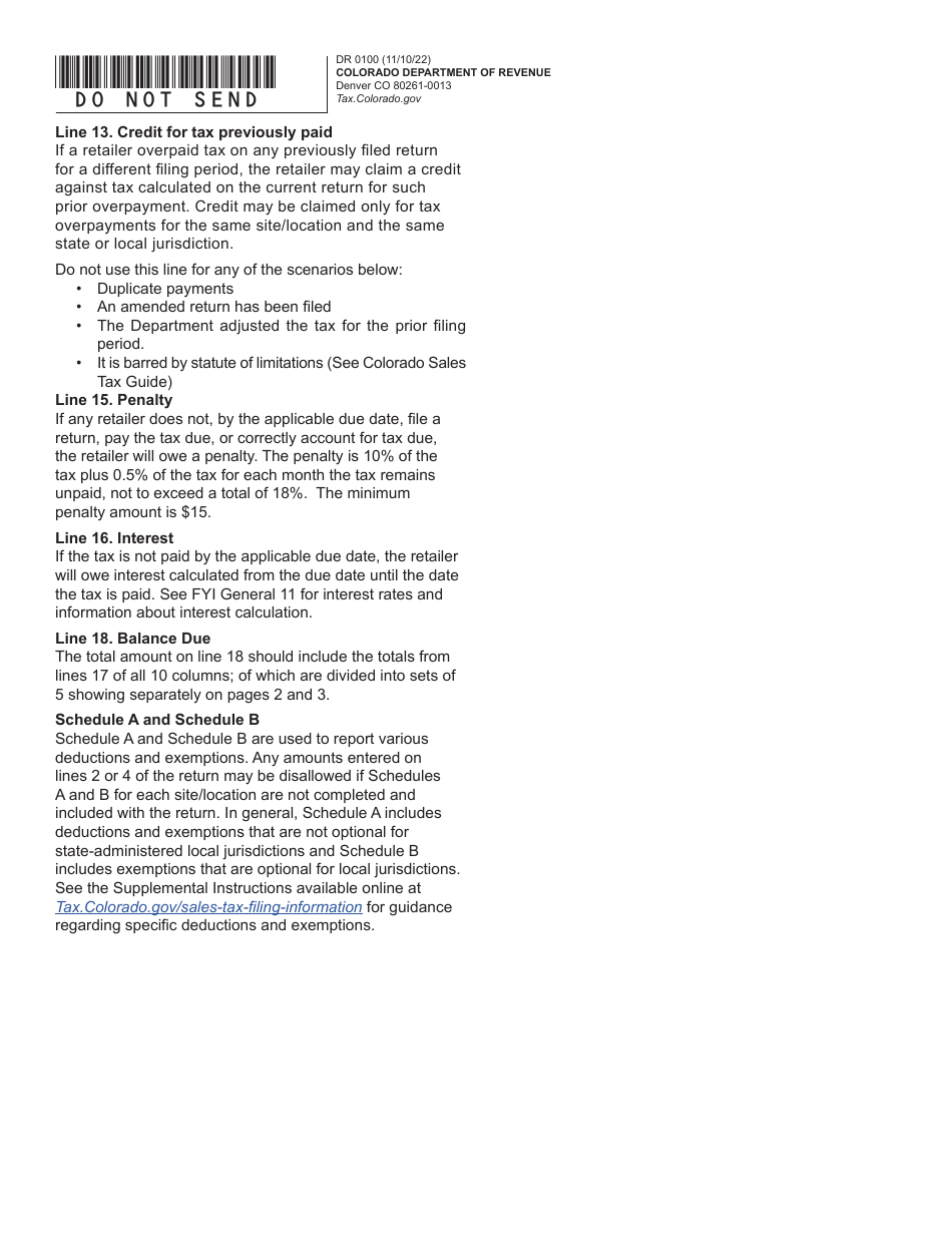 Form DR0100 Colorado Retail Sales Tax Return - Colorado, Page 5