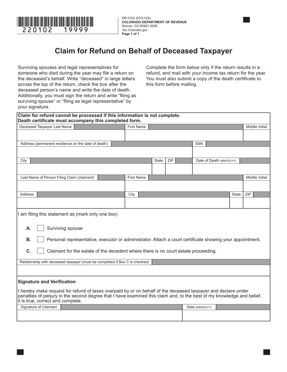 Form DR0102 Claim for Refund on Behalf of Deceased Taxpayer - Colorado, Page 1