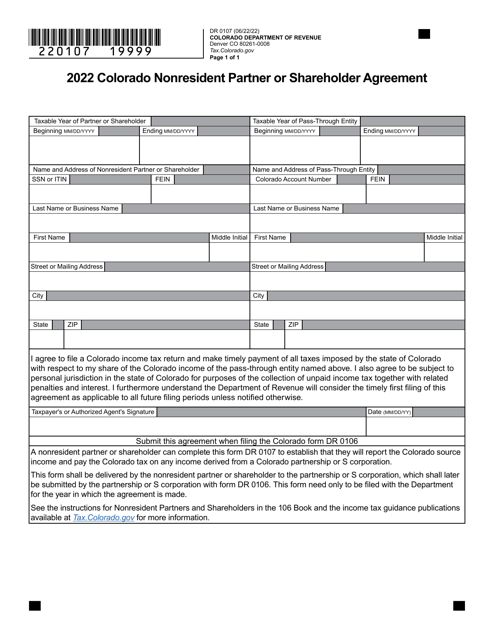 Form DR0107 Colorado Nonresident Partner or Shareholder Agreement - Colorado, 2022