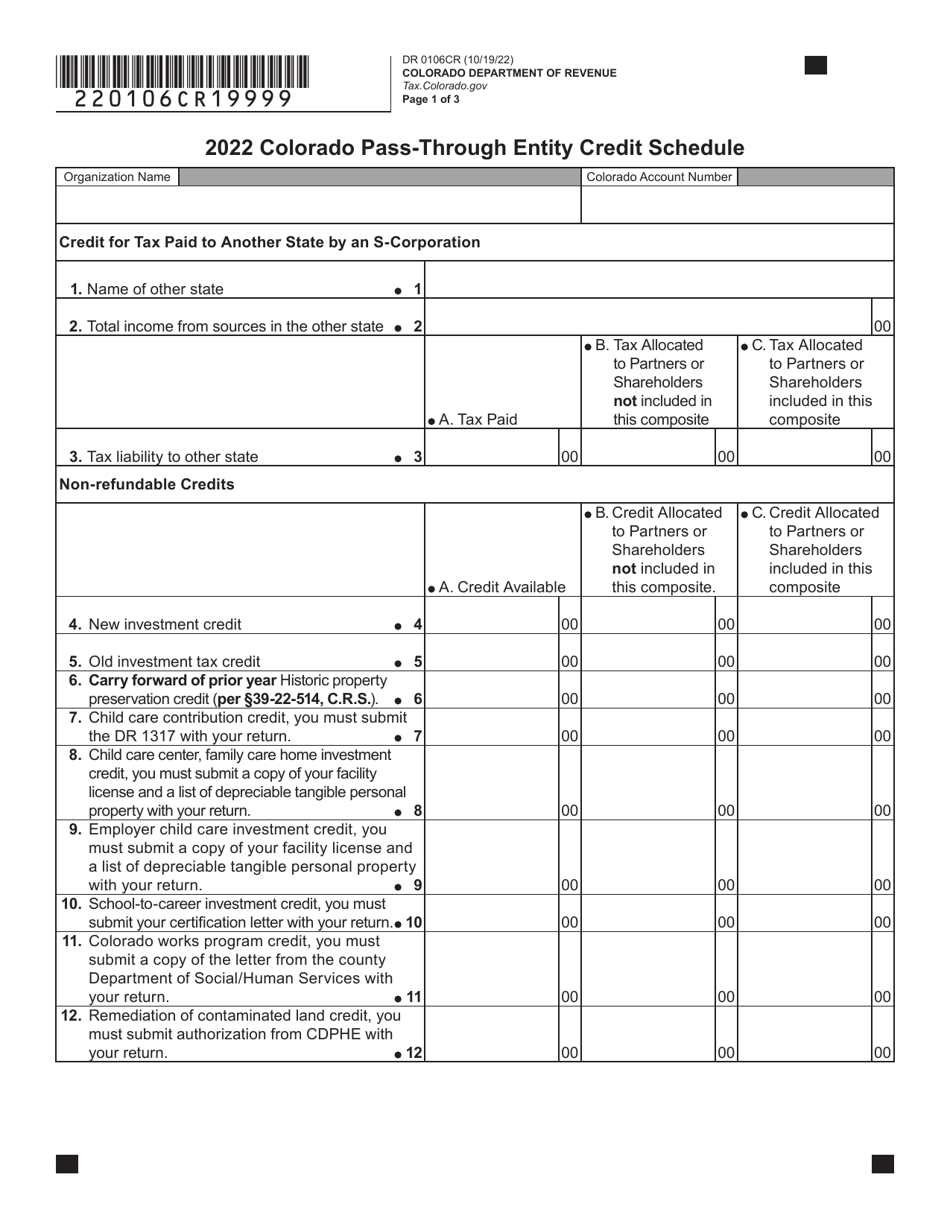 Form DR0106CR Colorado Pass-Through Entity Credit Schedule - Colorado, Page 1