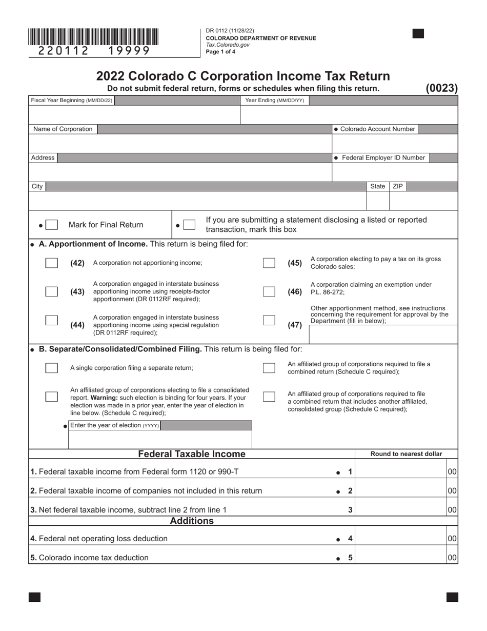 Form 112 (DR0112) Colorado C Corporation Income Tax Return - Colorado, Page 1