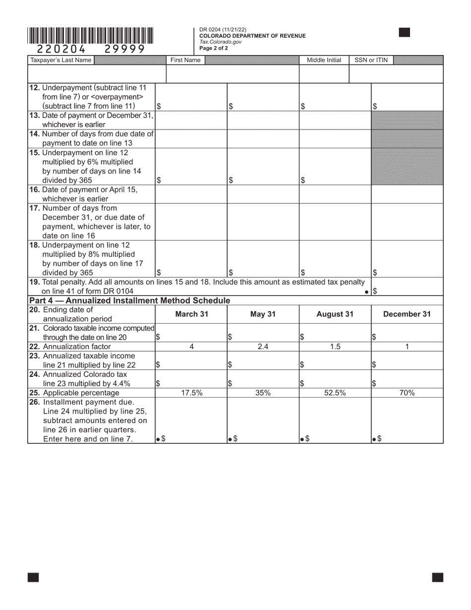Form DR0204 Tax Year Ending Computation of Penalty Due Based on Underpayment of Colorado Individual Estimated Tax - Colorado, Page 3