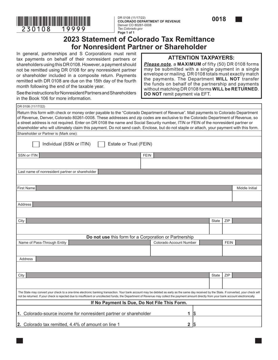 Form DR0108 Statement of Colorado Tax Remittance for Nonresident Partner or Shareholder - Colorado, Page 1