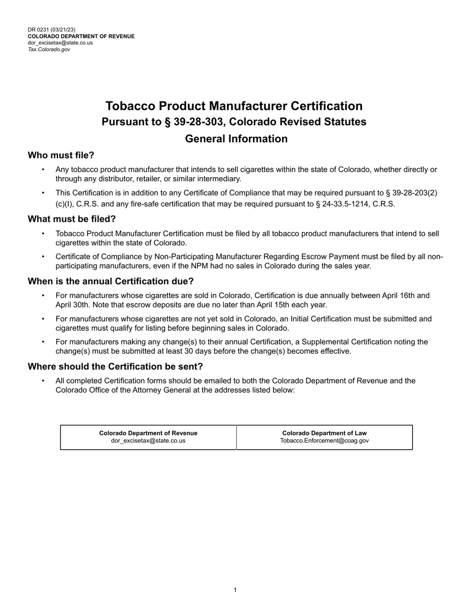 Form DR0231 Download Fillable PDF or Fill Online Tobacco Product