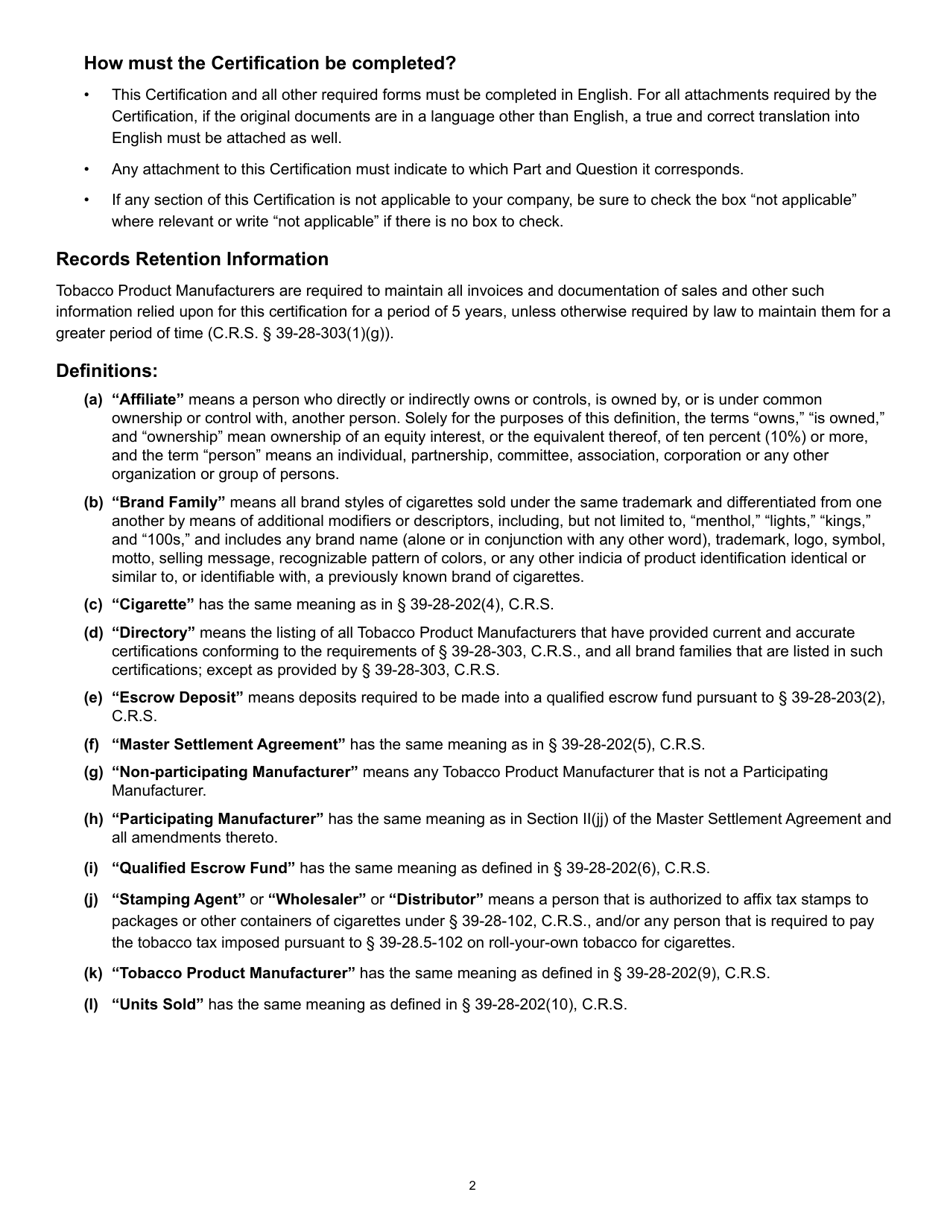 Form DR0231 Tobacco Product Manufacturer Certification - Colorado, Page 2