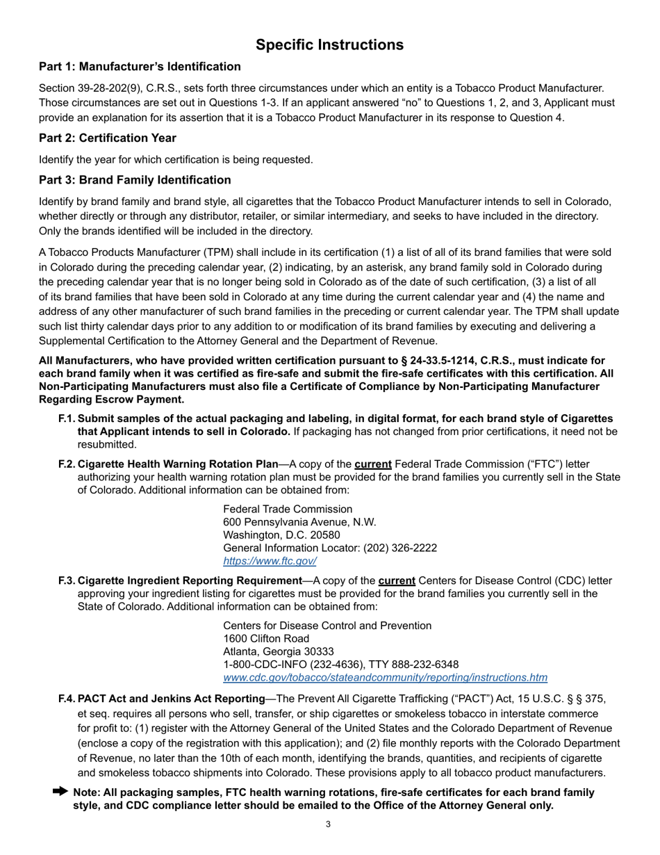 Form DR0231 Tobacco Product Manufacturer Certification - Colorado, Page 3