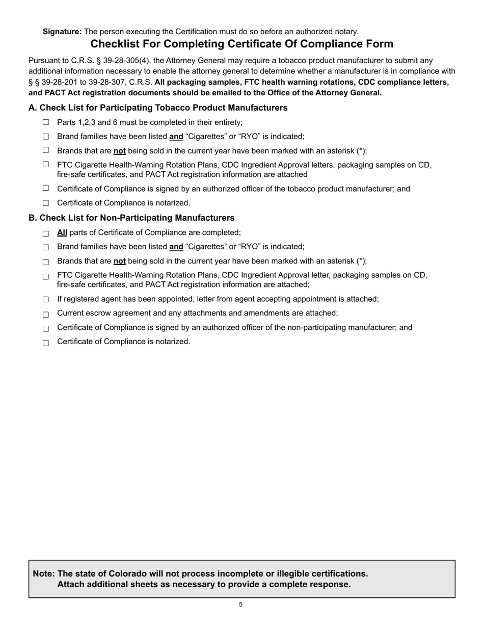 Form DR0231 Tobacco Product Manufacturer Certification - Colorado, Page 5