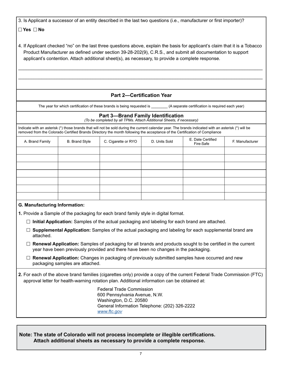 Form DR0231 Tobacco Product Manufacturer Certification - Colorado, Page 7
