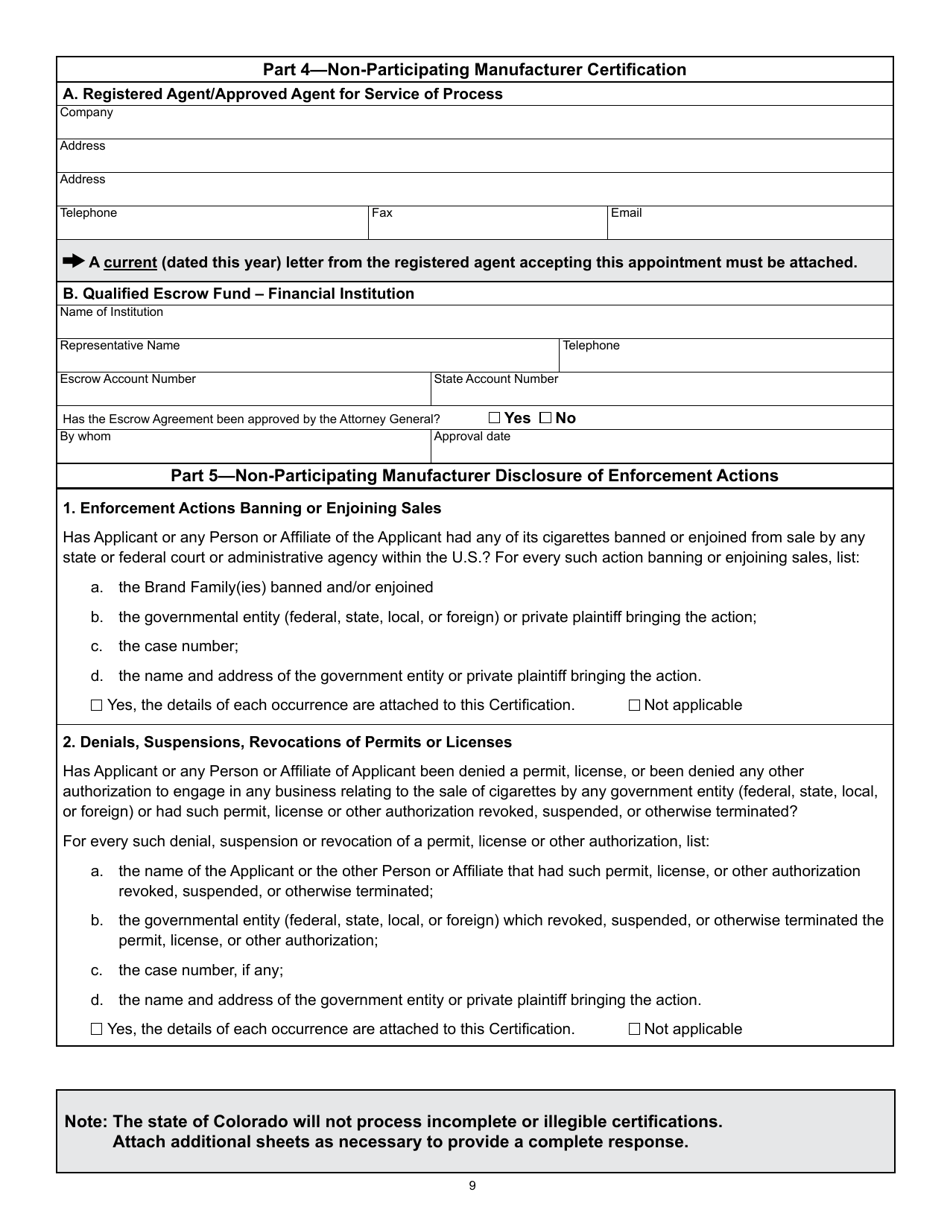 Form DR0231 Tobacco Product Manufacturer Certification - Colorado, Page 9