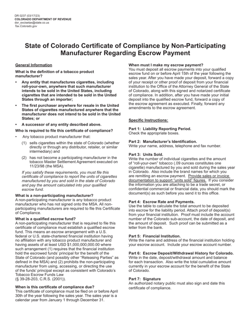 Form DR0237 Certificate of Compliance by Non-participating Manufacturer Regarding Escrow Payment - Colorado, 2023