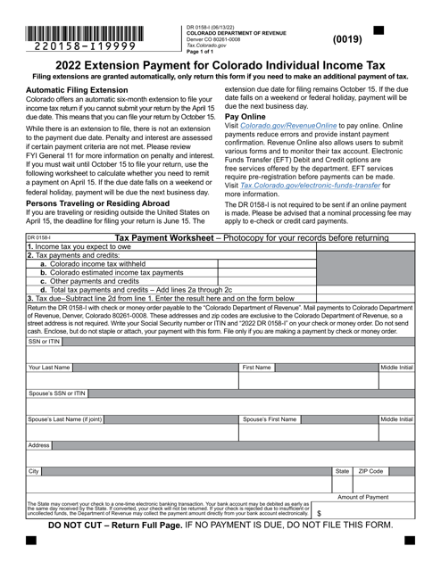 Form DR0158-I Extension Payment for Colorado Individual Income Tax - Colorado, 2022