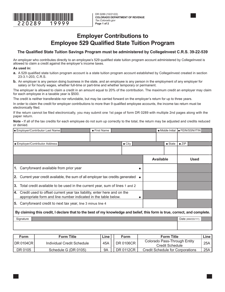 Form DR0289 Download Fillable PDF or Fill Online Employer Contributions