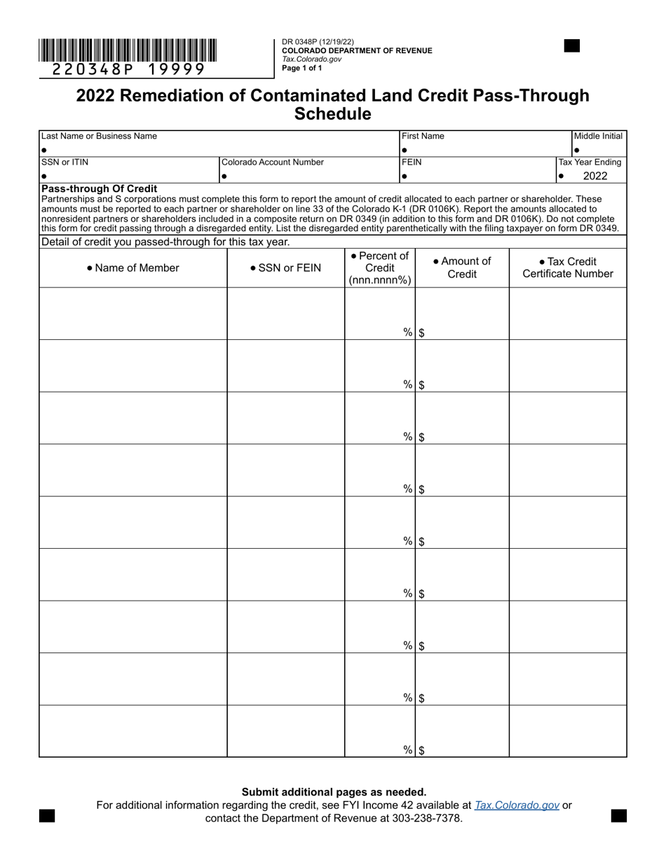 Form DR0348P Remediation of Contaminated Land Credit Pass-Through Schedule - Colorado, Page 1