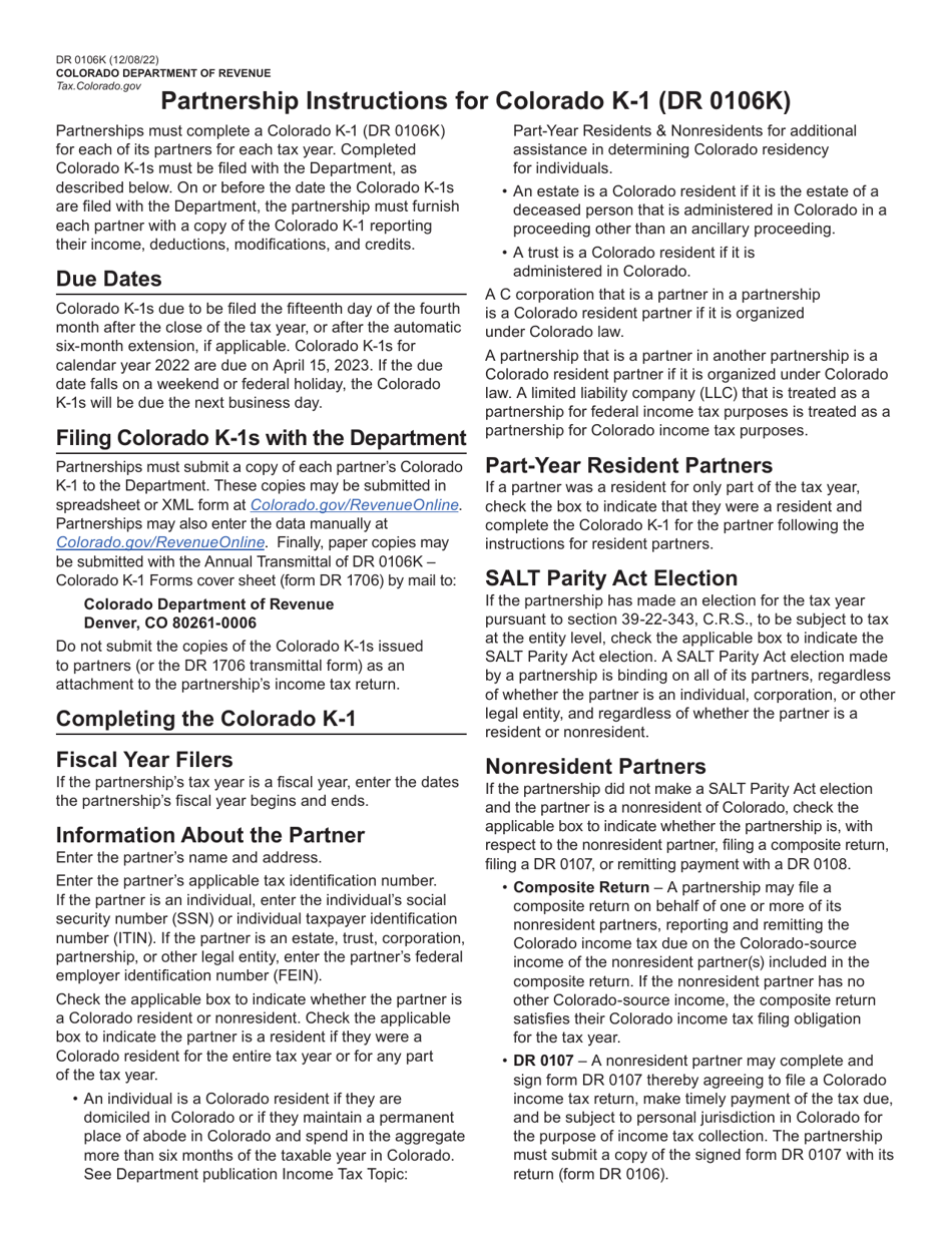 Form DR0106K Colorado K-1 - Colorado, Page 1