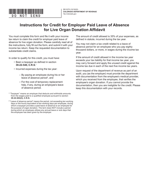 Form DR0375 Credit for Employer Paid Leave of Absence for Live Organ Donation - Colorado, 2022
