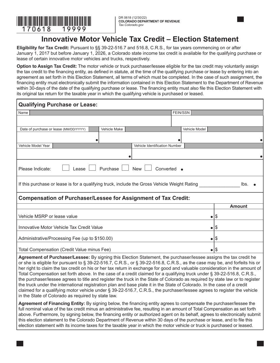 Form DR0618 Innovative Motor Vehicle Tax Credit - Election Statement - Colorado, Page 1