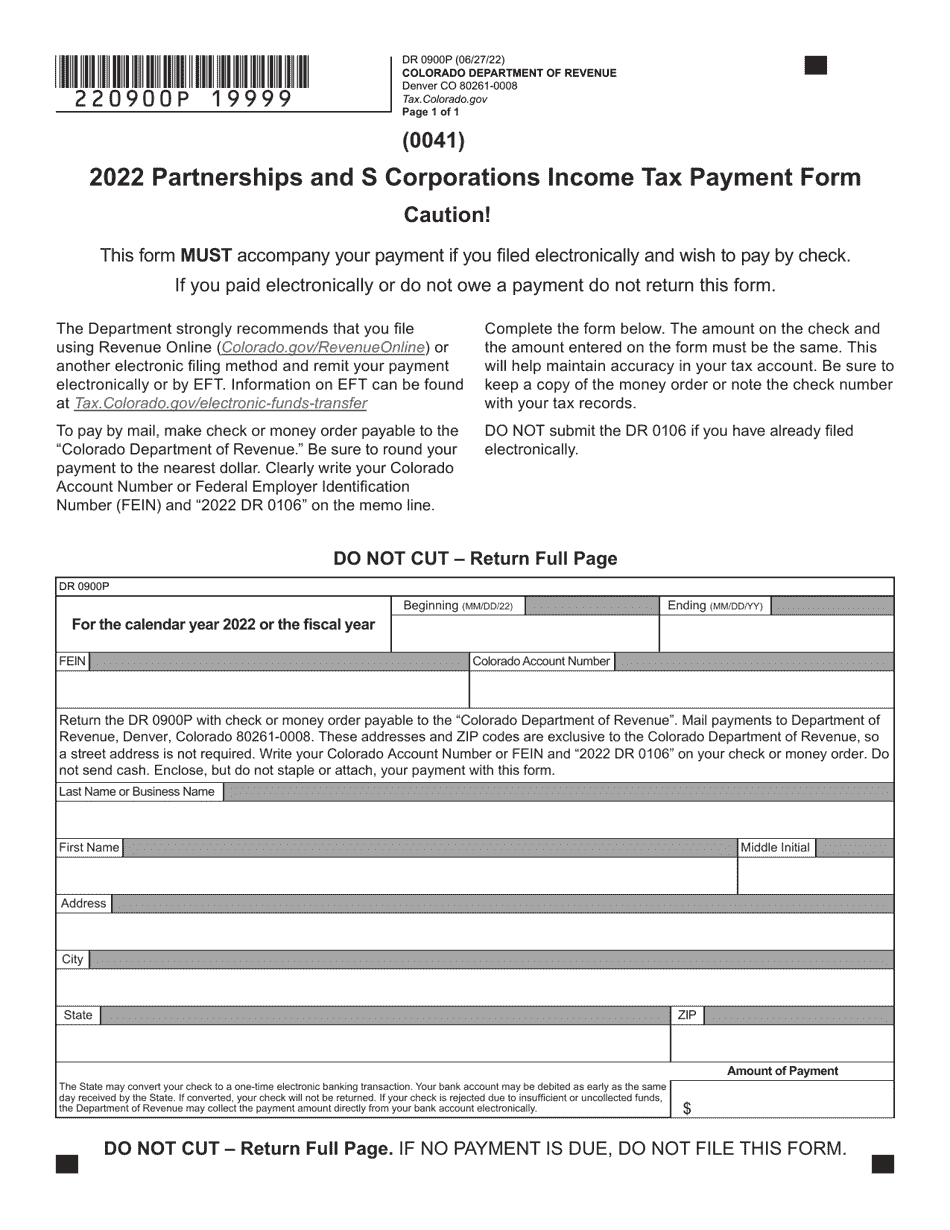 Form DR0900P Partnerships and S Corporations Income Tax Payment Form - Colorado, Page 1