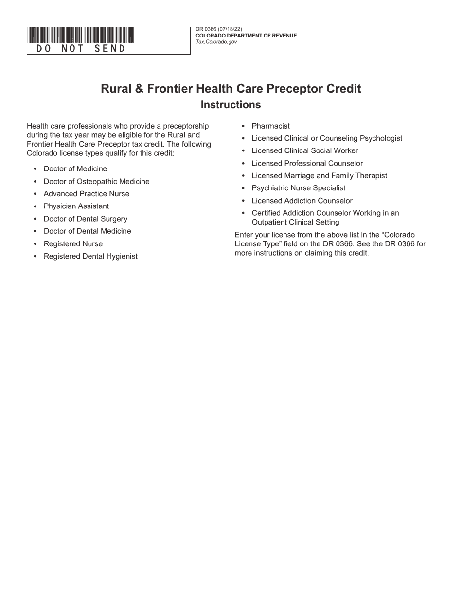 Form DR0366 Rural  Frontier Health Care Preceptor Credit - Colorado, Page 1