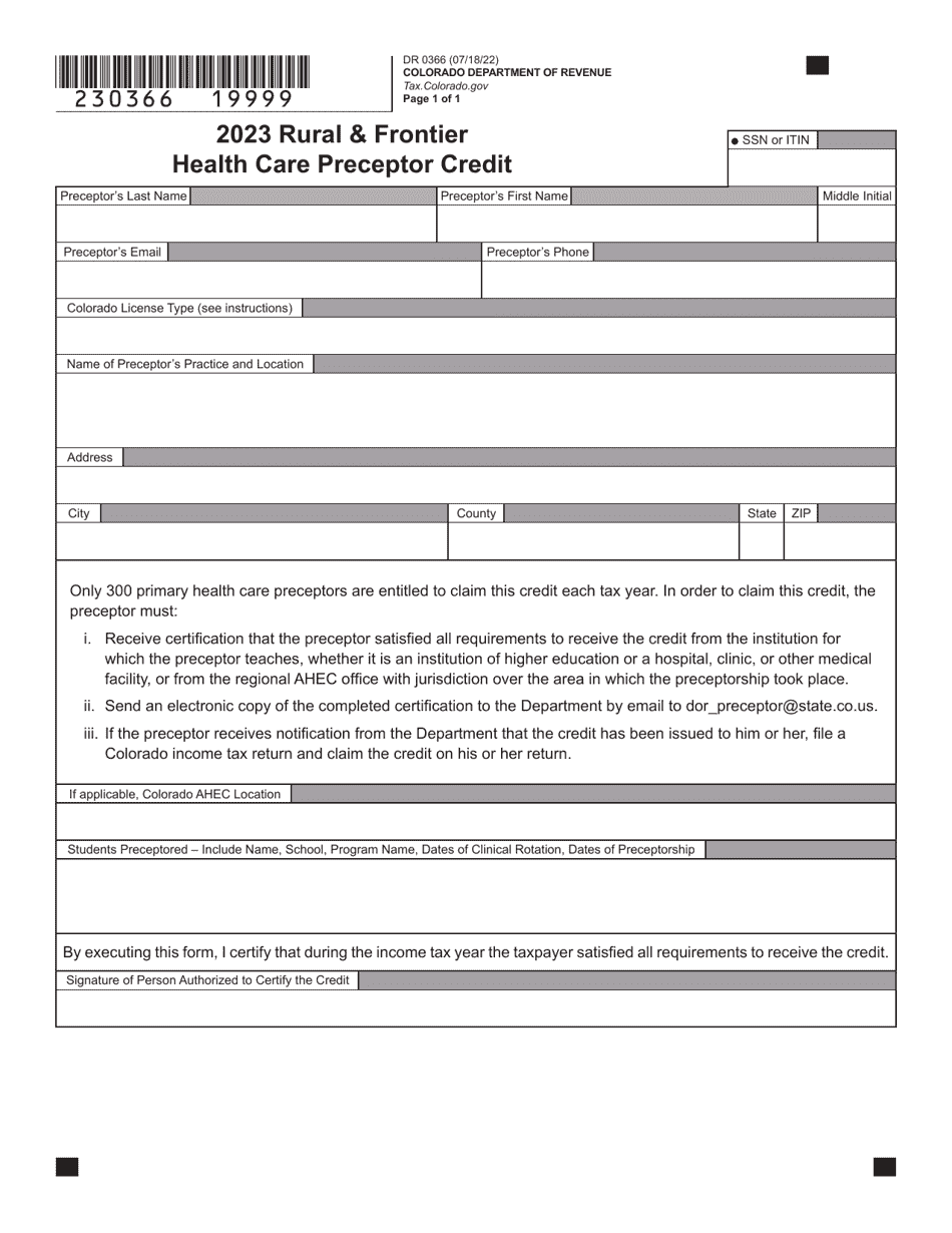 Form DR0366 Rural  Frontier Health Care Preceptor Credit - Colorado, Page 2