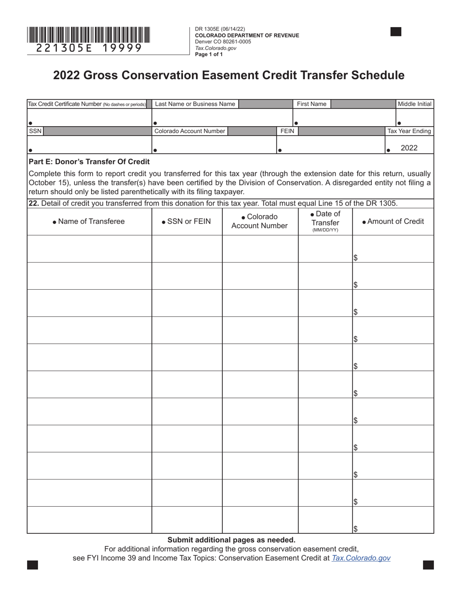 Form DR1305E Gross Conservation Easement Credit Transfer Schedule - Colorado, Page 1