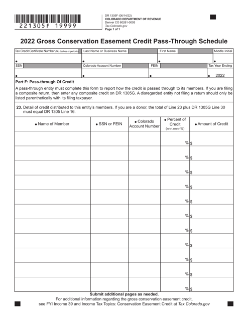 Form DR1305F Gross Conservation Easement Credit Pass-Through Schedule - Colorado, 2022