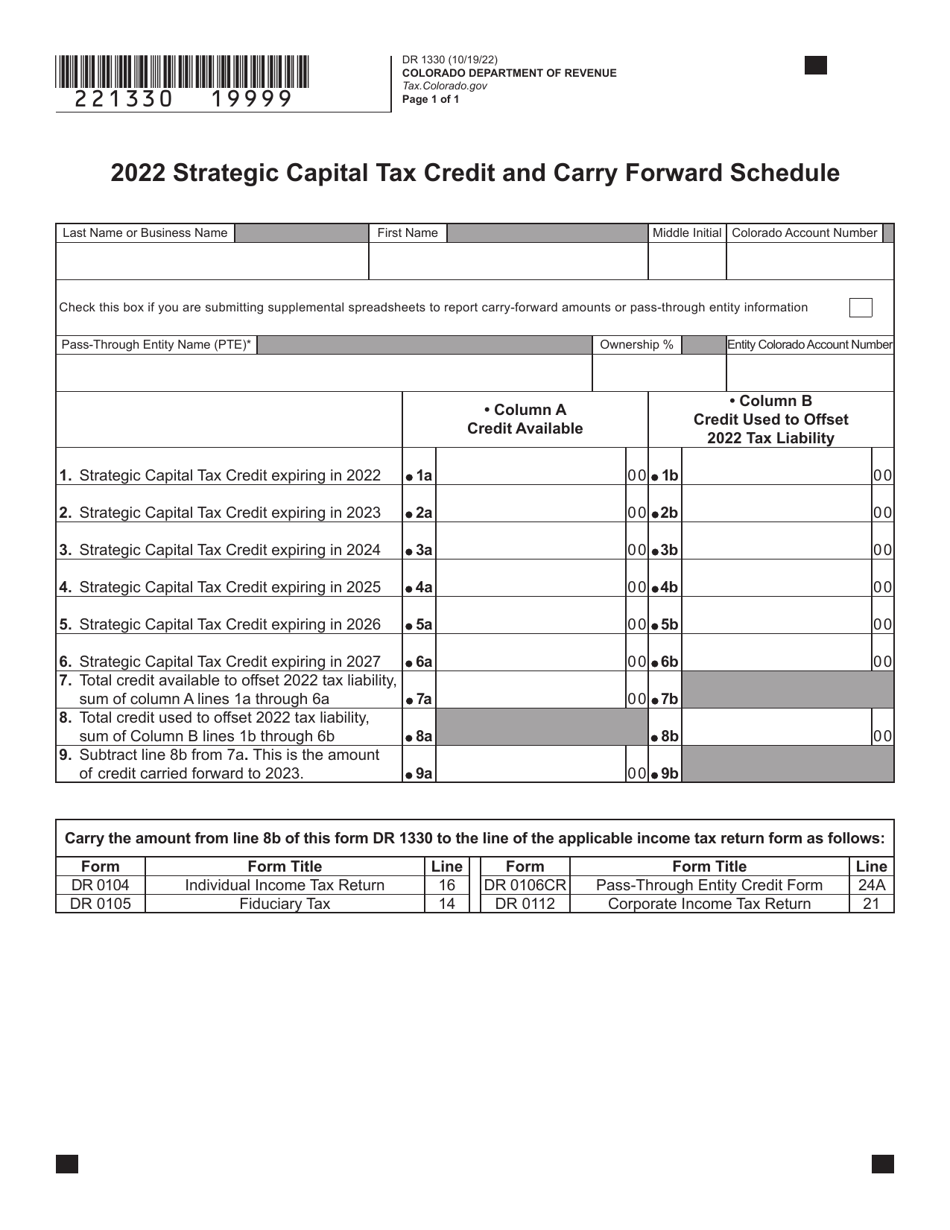 Form DR1330 Strategic Capital Tax Credit and Carry Forward Schedule - Colorado, Page 1