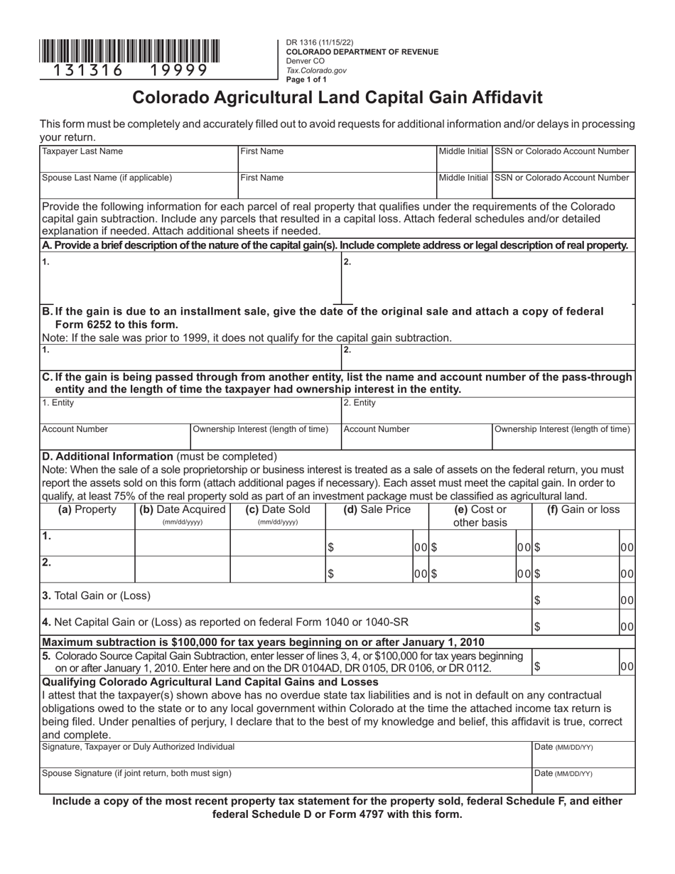 Form DR1316 Colorado Agricultural Land Capital Gain Affidavit - Colorado, Page 1