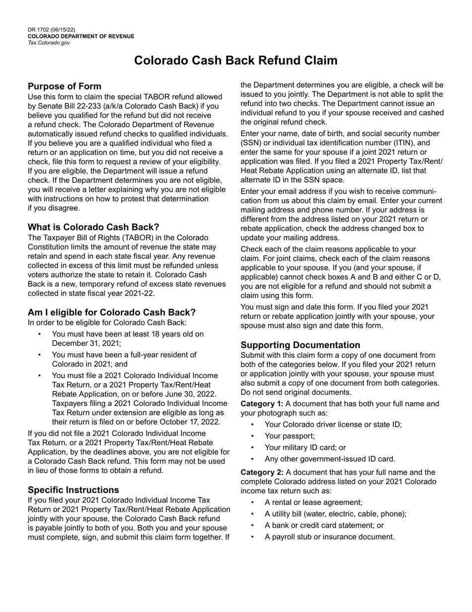 Form DR1702 Fill Out, Sign Online and Download Fillable PDF, Colorado