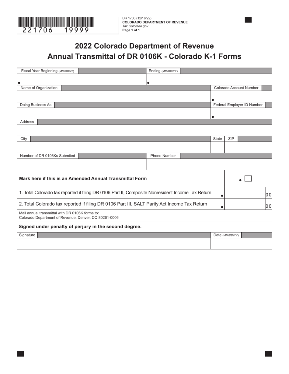 Form DR1706 Annual Transmittal of Dr 0106k - Colorado K-1 Forms - Colorado, Page 1