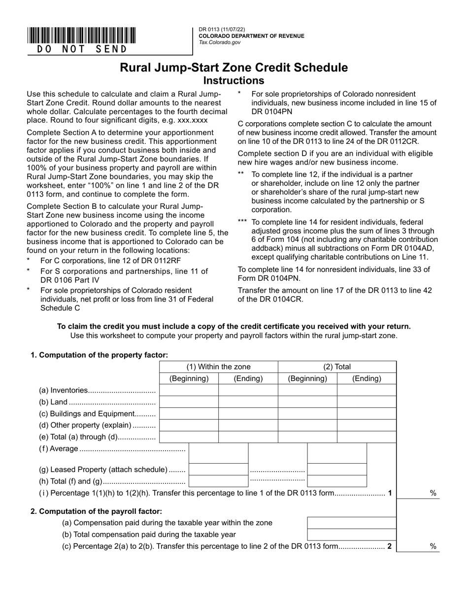 Form DR0113 Rural Jump-Start Zone Credit Schedule - Colorado, Page 1