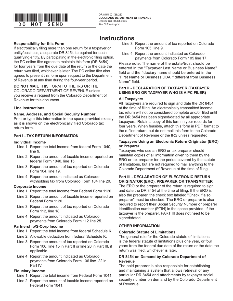 Form DR8454 State of Colorado Income Tax Declaration for Online Electronic Filing - Colorado, Page 1