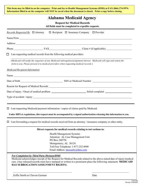 Form 505 Request for Medical Records - Alabama