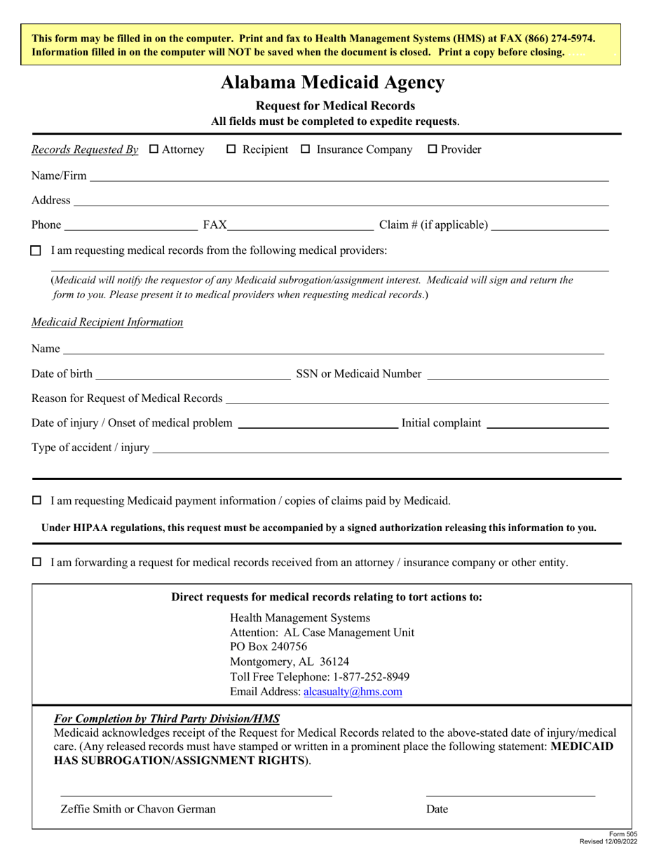 Form 505 Request for Medical Records - Alabama, Page 1