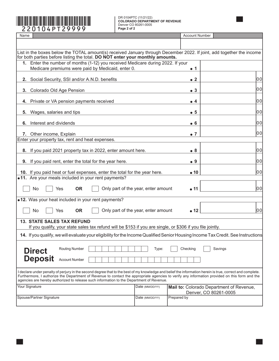 Form DR0104PTC Colorado Property Tax / Rent / Heat Rebate Application - Colorado, Page 2