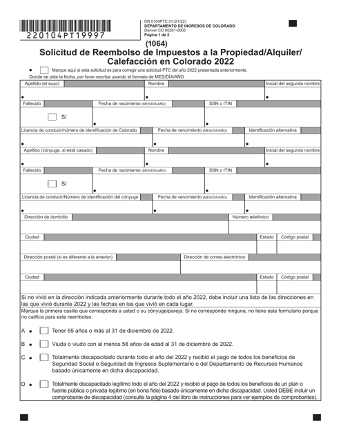 Formulario DR0104PTC Solicitud De Reembolso De Impuestos a La Propiedad/Alquiler/Calefaccion En Colorado - Colorado (Spanish), 2022