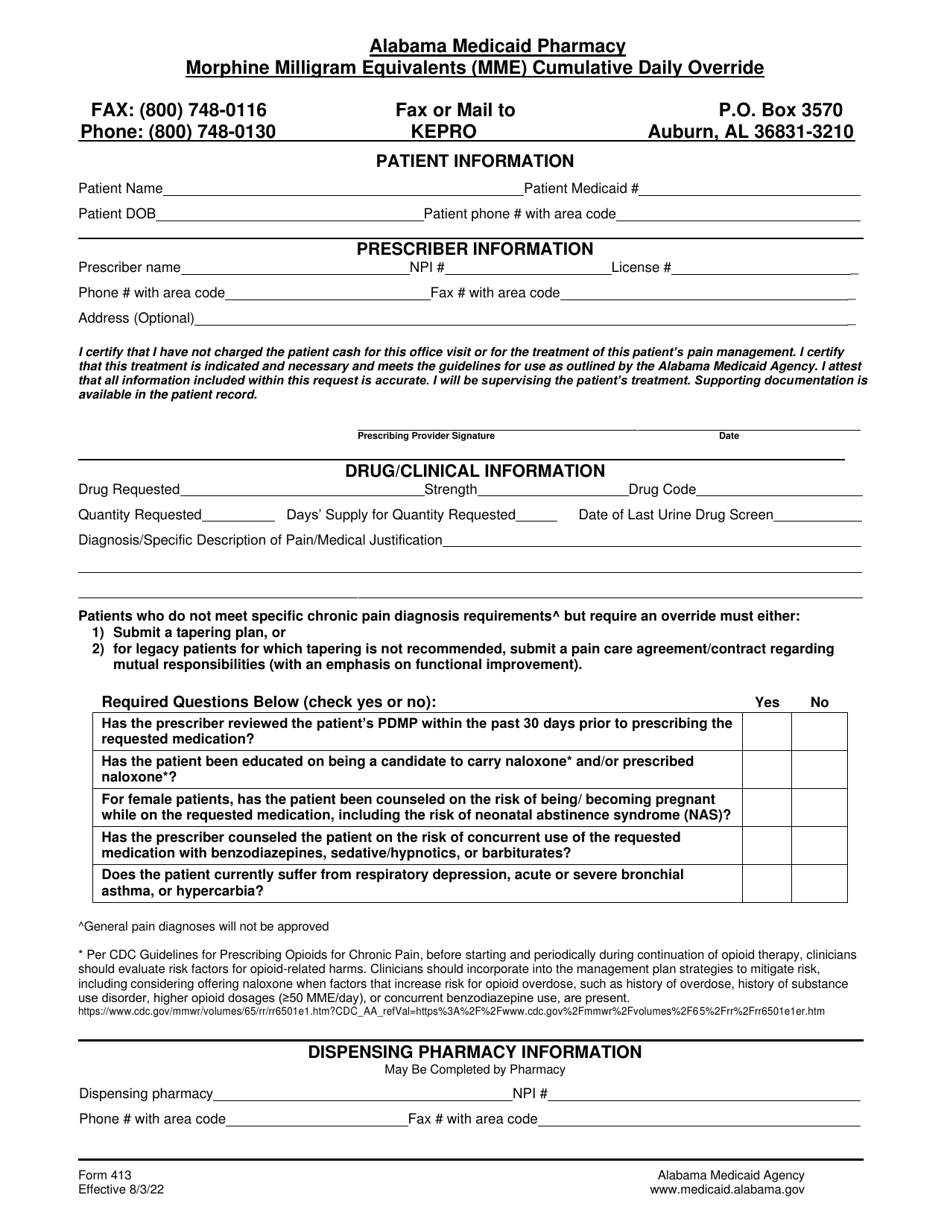 Form 413 Morphine Milligram Equivalents (Mme) Cumulative Daily Override - Alabama, Page 1