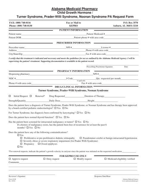 Form 410-B Child Growth Hormone/Turner Syndrome, Prader-Willi Syndrome, Noonan Syndrome Pa Request Form - Alabama