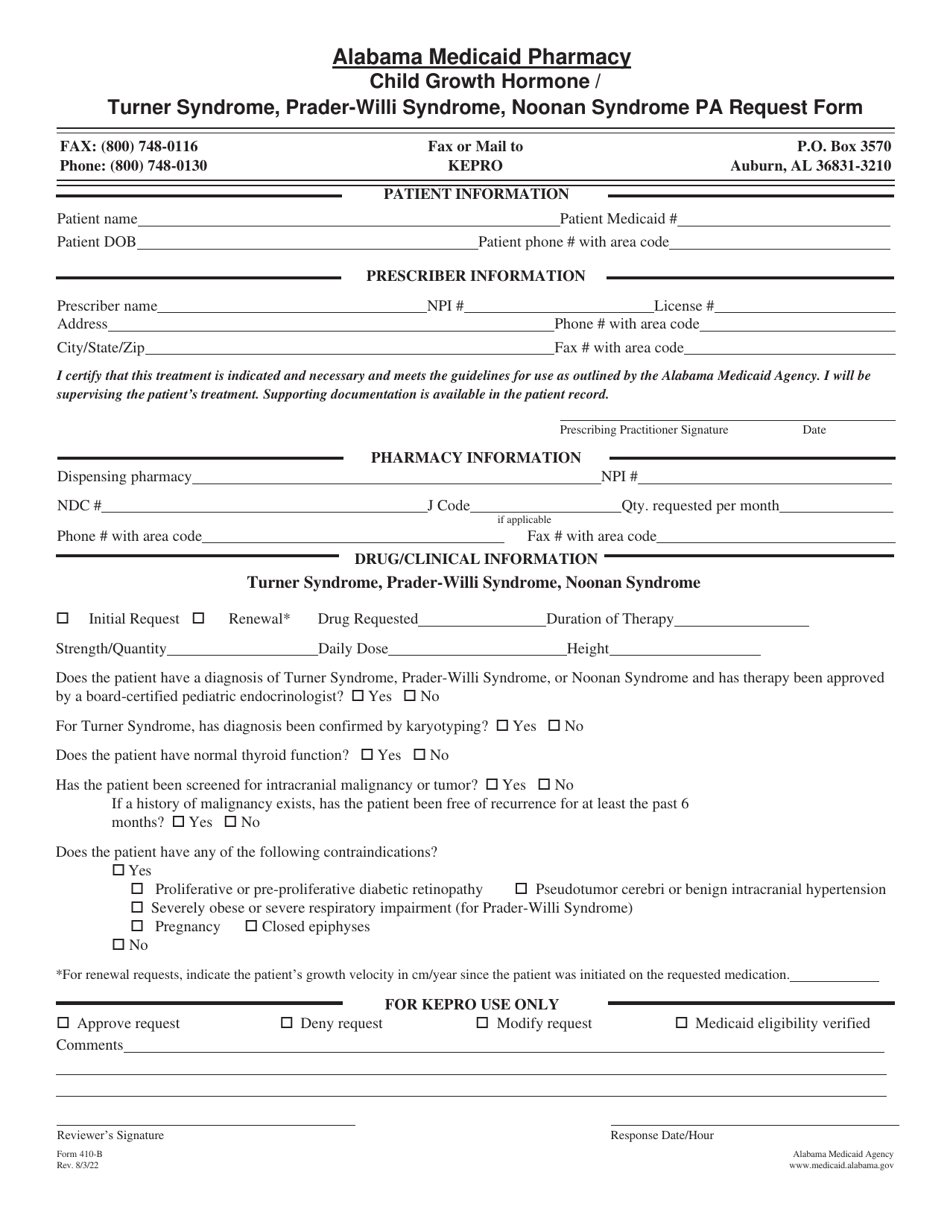 Form 410-B Child Growth Hormone / Turner Syndrome, Prader-Willi Syndrome, Noonan Syndrome Pa Request Form - Alabama, Page 1