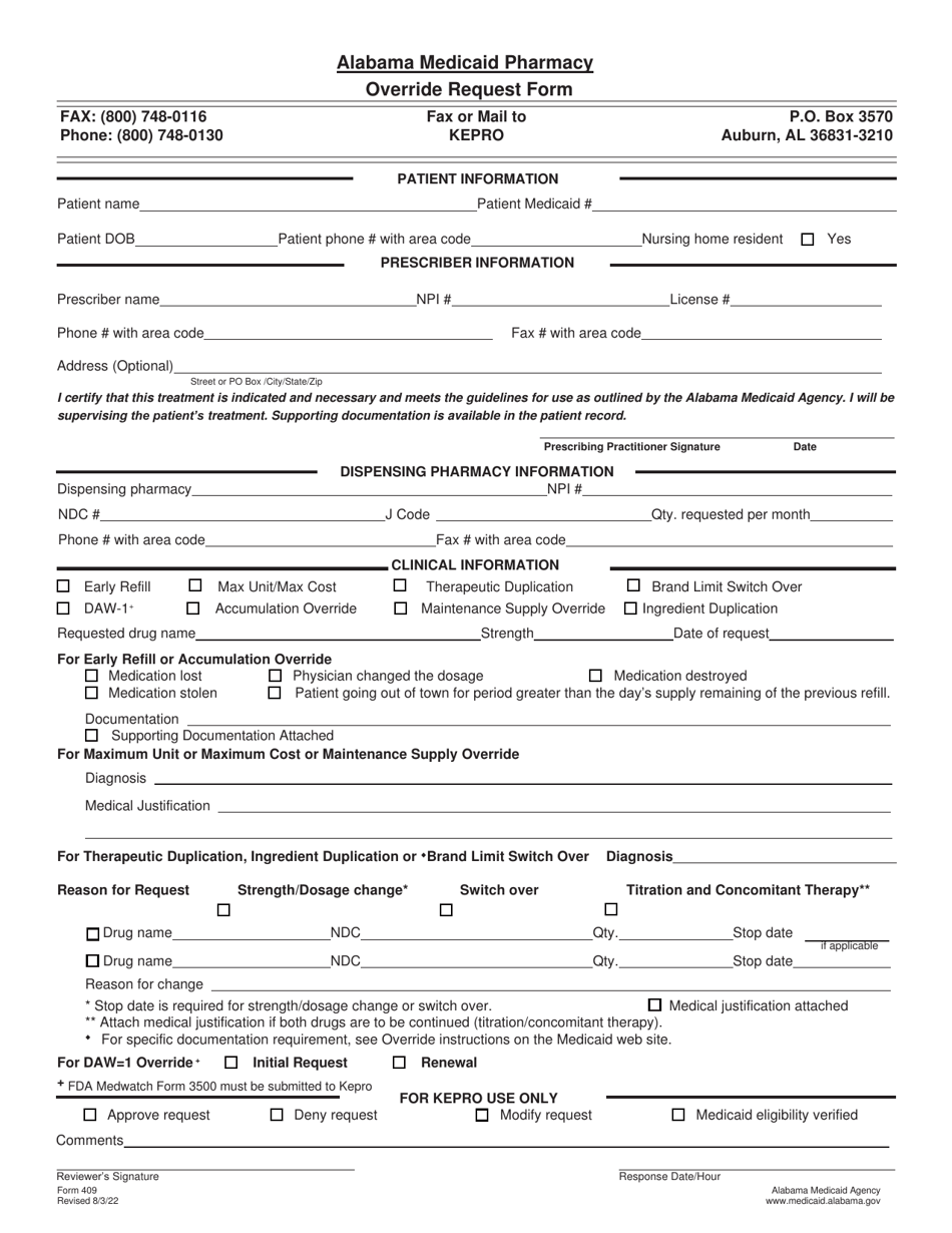 Form 409 Alabama Medicaid Pharmacy Override Request Form - Alabama, Page 1